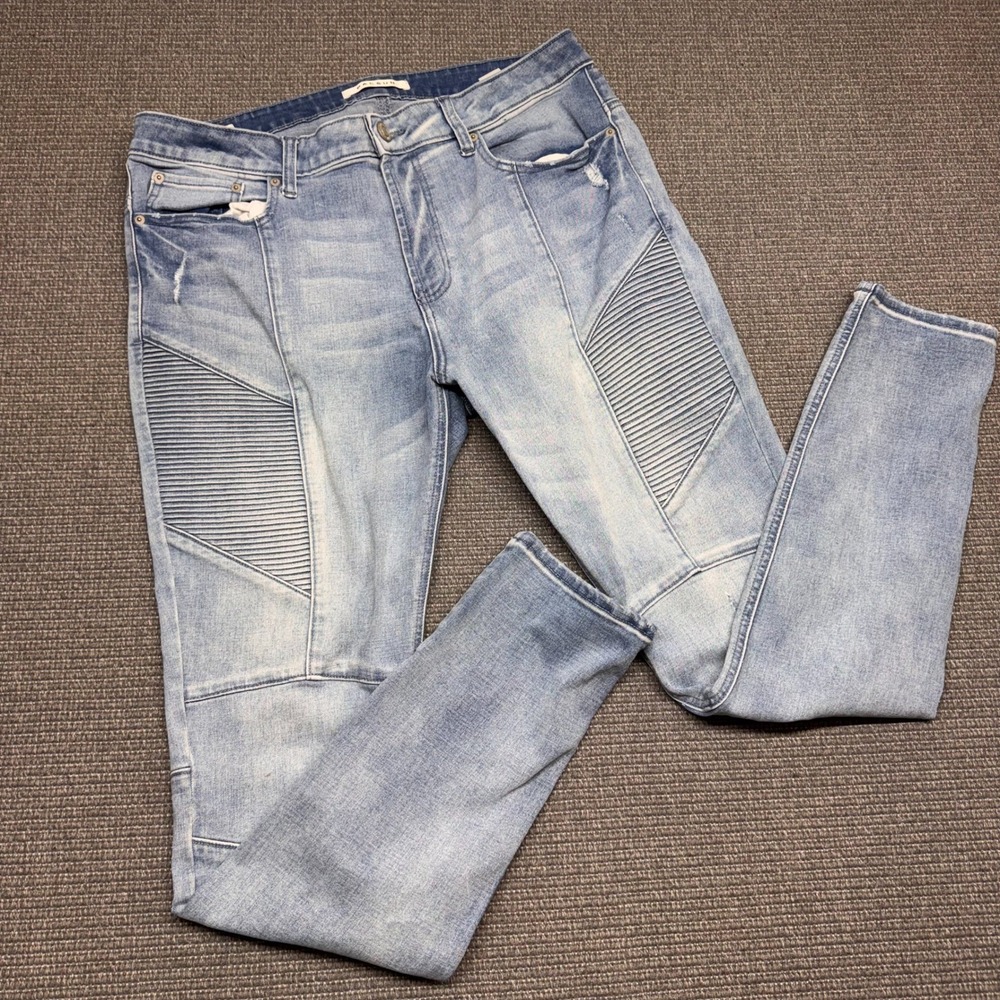 PacSun Stacked Skinny Moto Jeans Light Wash Blue Distressed 34x32 Ribbed Mens